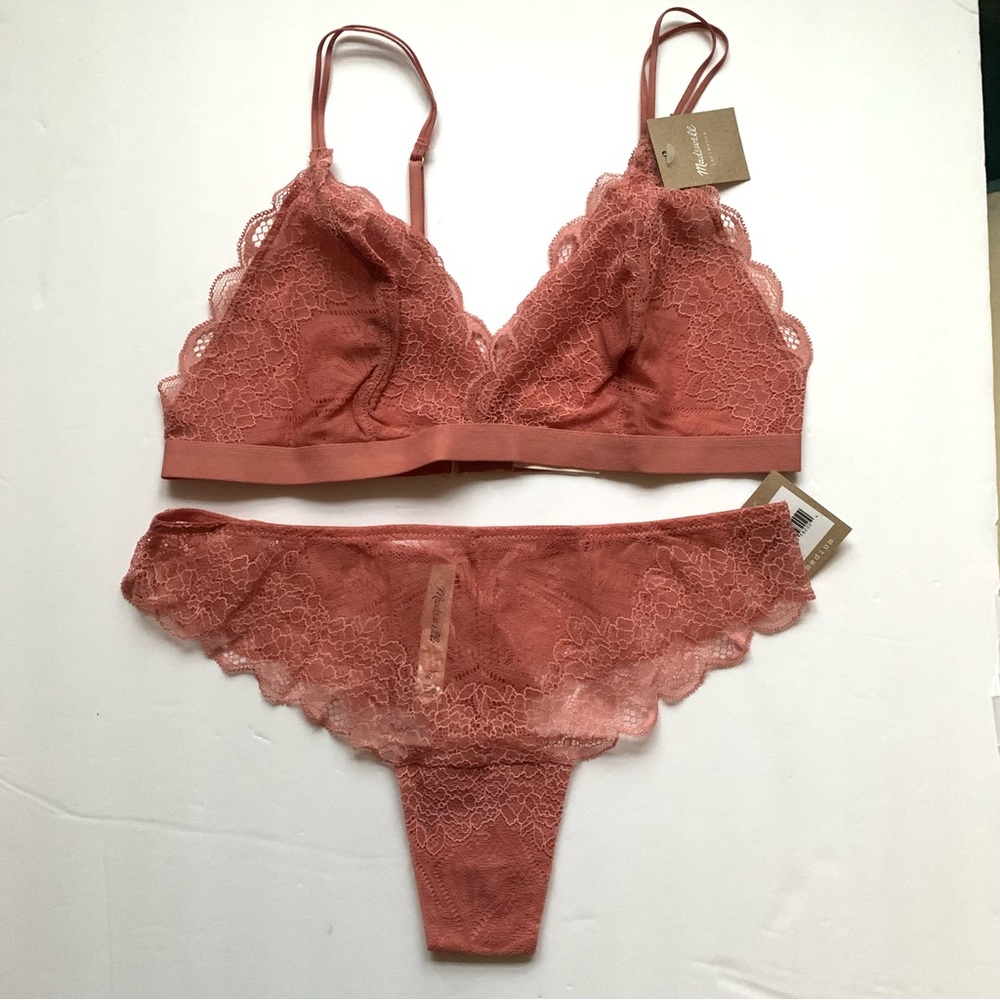 Madewell Lace Bralette and Tanga Cheeky Panty Set in Rosedust